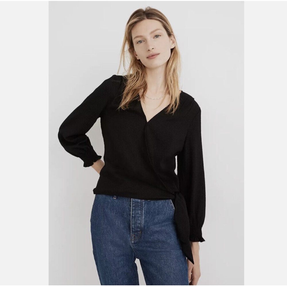 Madewell Black Smocked-Sleeve Wrap Top, Size XXS